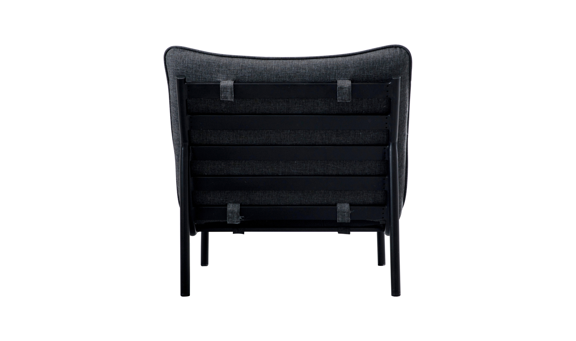 The Morgan Outdoor Chair by Moes is a modern black accent chair shown from the back, featuring a durable Olefin fabric backrest, horizontal support slats, and slender legs with a stainless-steel frame, set against a white background.