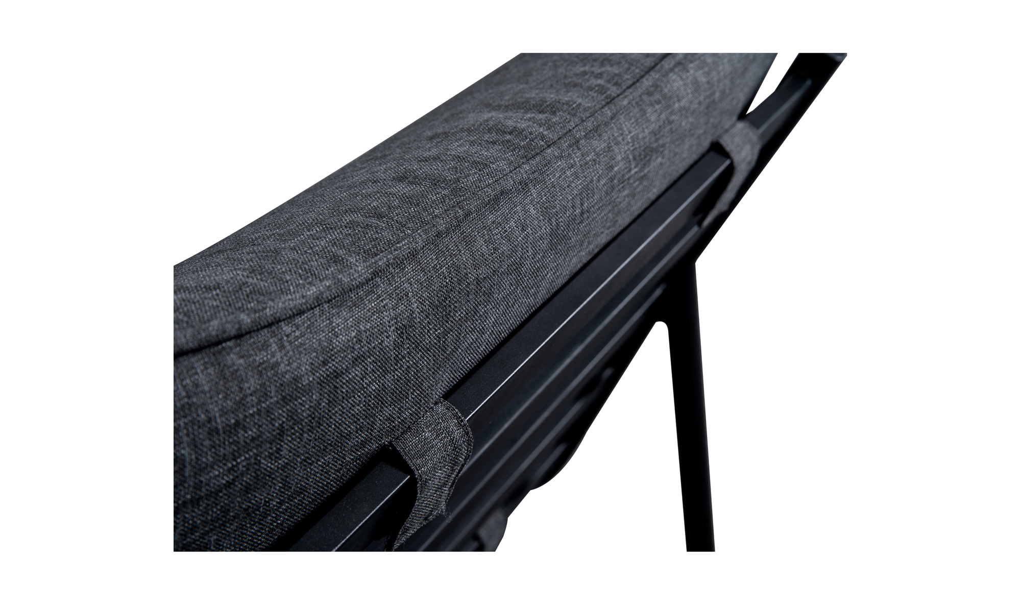 Close-up of the Moes Morgan Outdoor Chair, highlighting its dark gray Olefin cushioned seat and supportive black metal frame with strap detail, focusing on the backrest and durable structure.