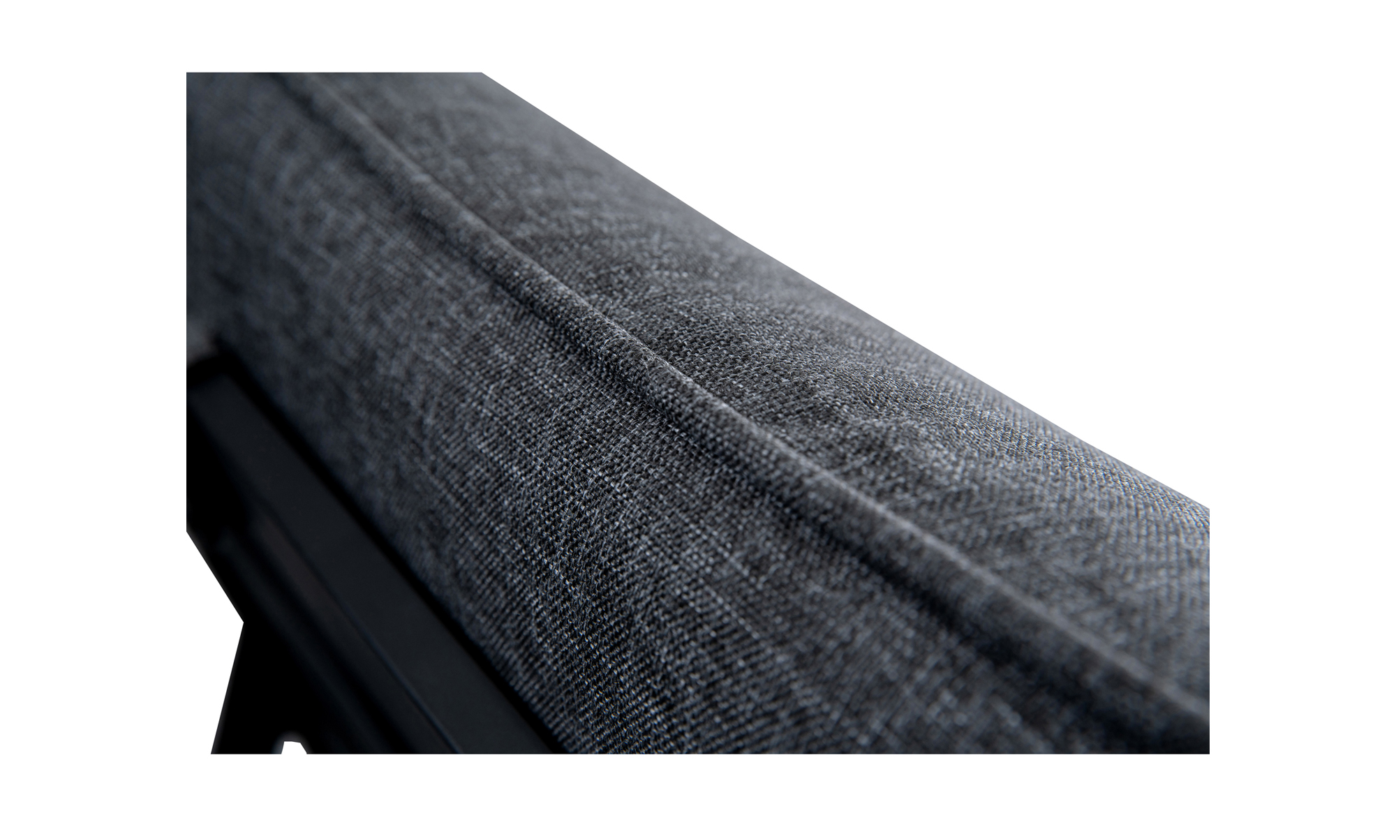 Close-up of the Morgan Outdoor Chair by Moes, showing its dark gray Olefin fabric upholstery with visible stitching. The detailed seam highlights the chairs textured finish and durable construction.