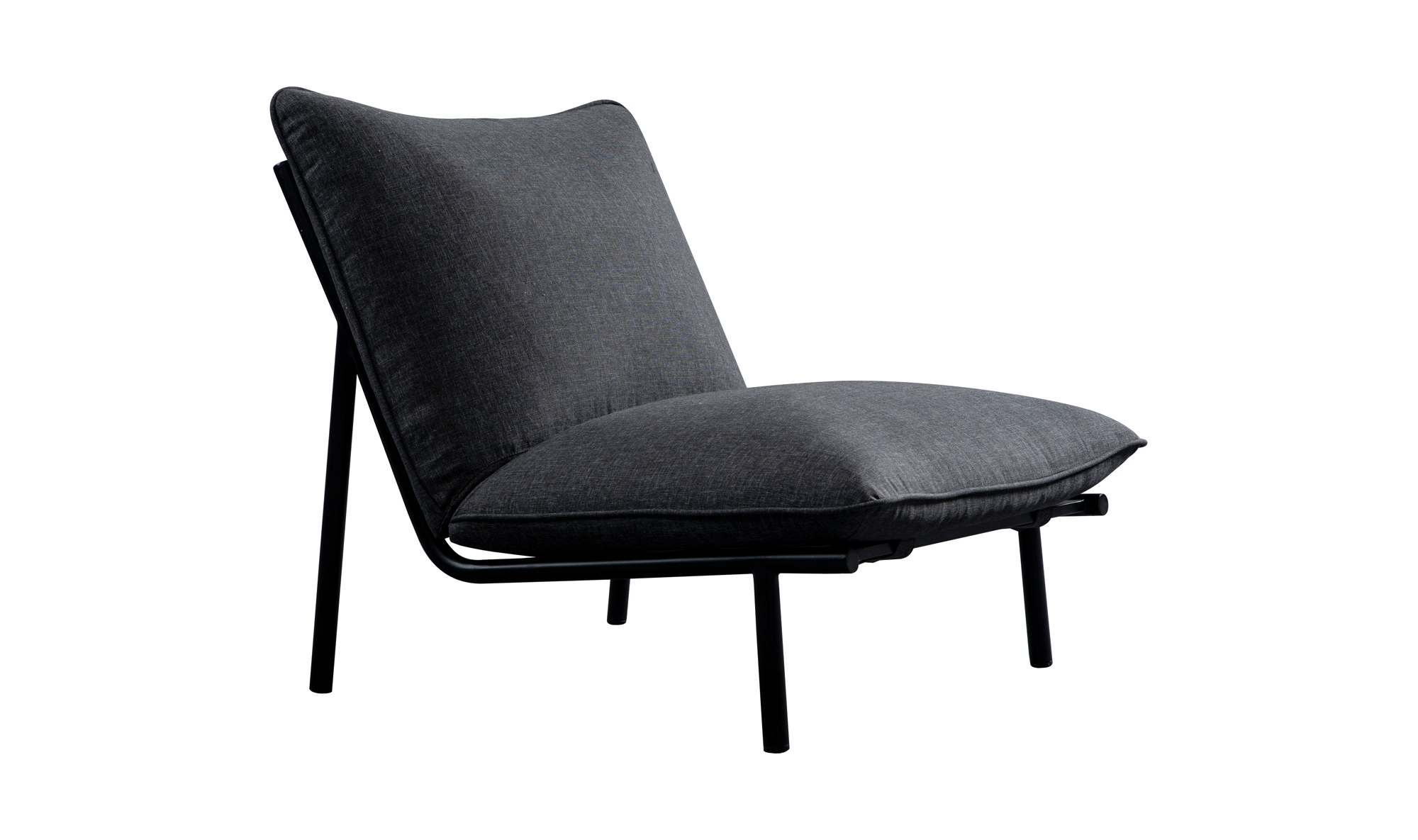 The Moes Morgan Outdoor Chair features a sleek stainless-steel frame and thick dark gray Olefin fabric cushions on the seat and backrest, shown against a white background.