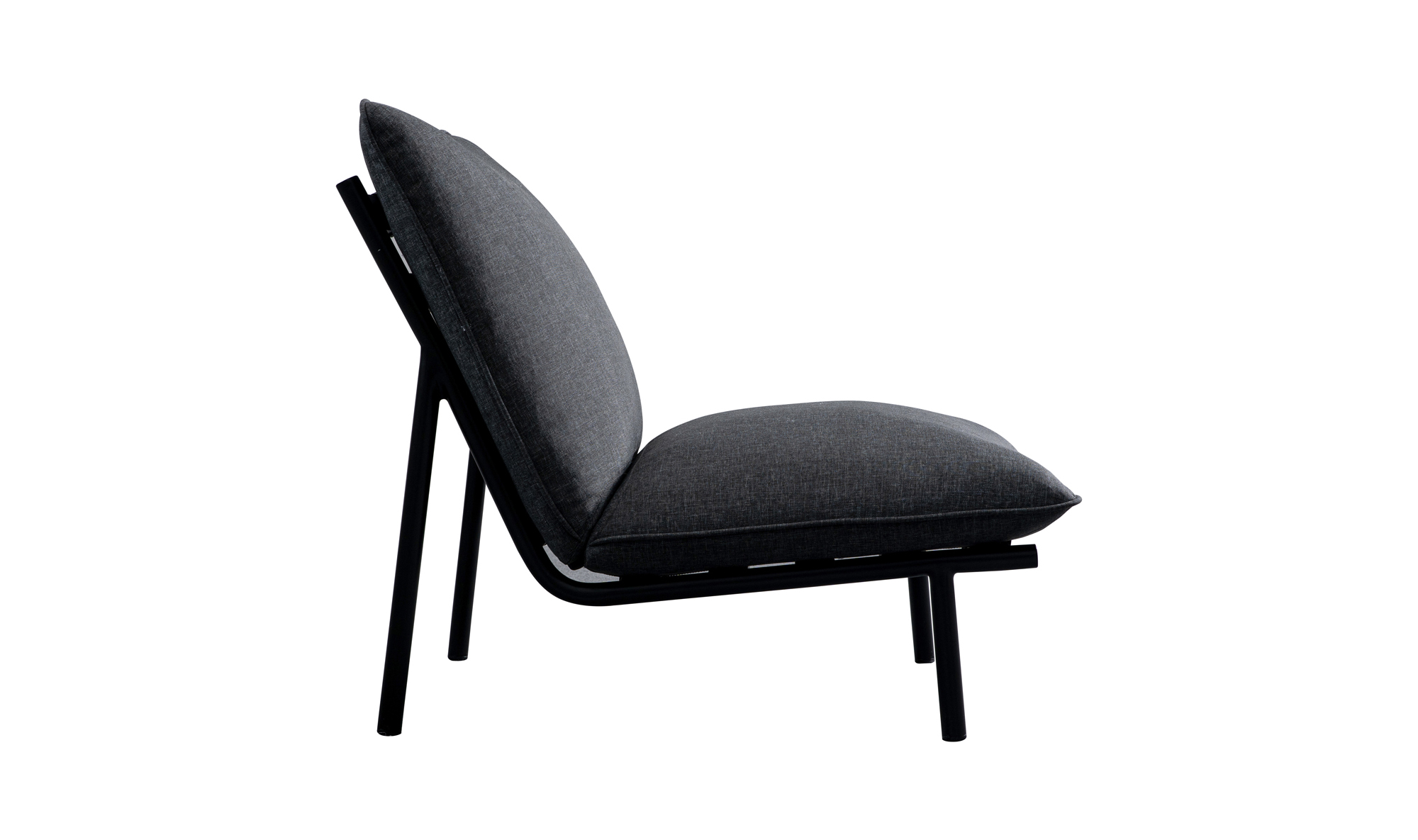 Side view of the Morgan Outdoor Chair by Moes, featuring a sleek black stainless-steel frame and thick dark gray seat and back cushions, set against a plain white background.
