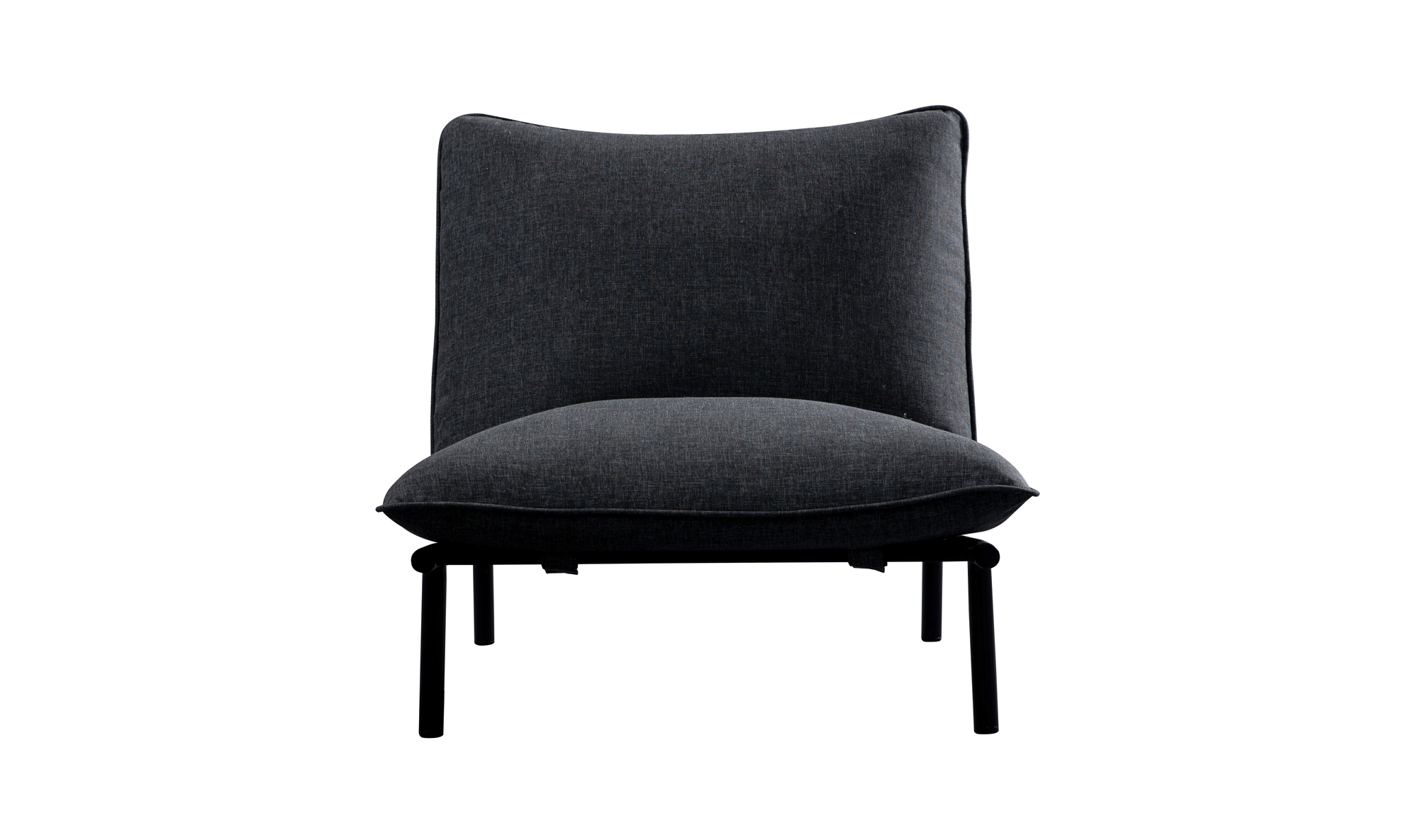 The Moes Morgan Outdoor Chair is a modern accent seat in dark gray, featuring a soft Olefin fabric cushion and backrest, with four slender black metal legs, displayed against a white background.