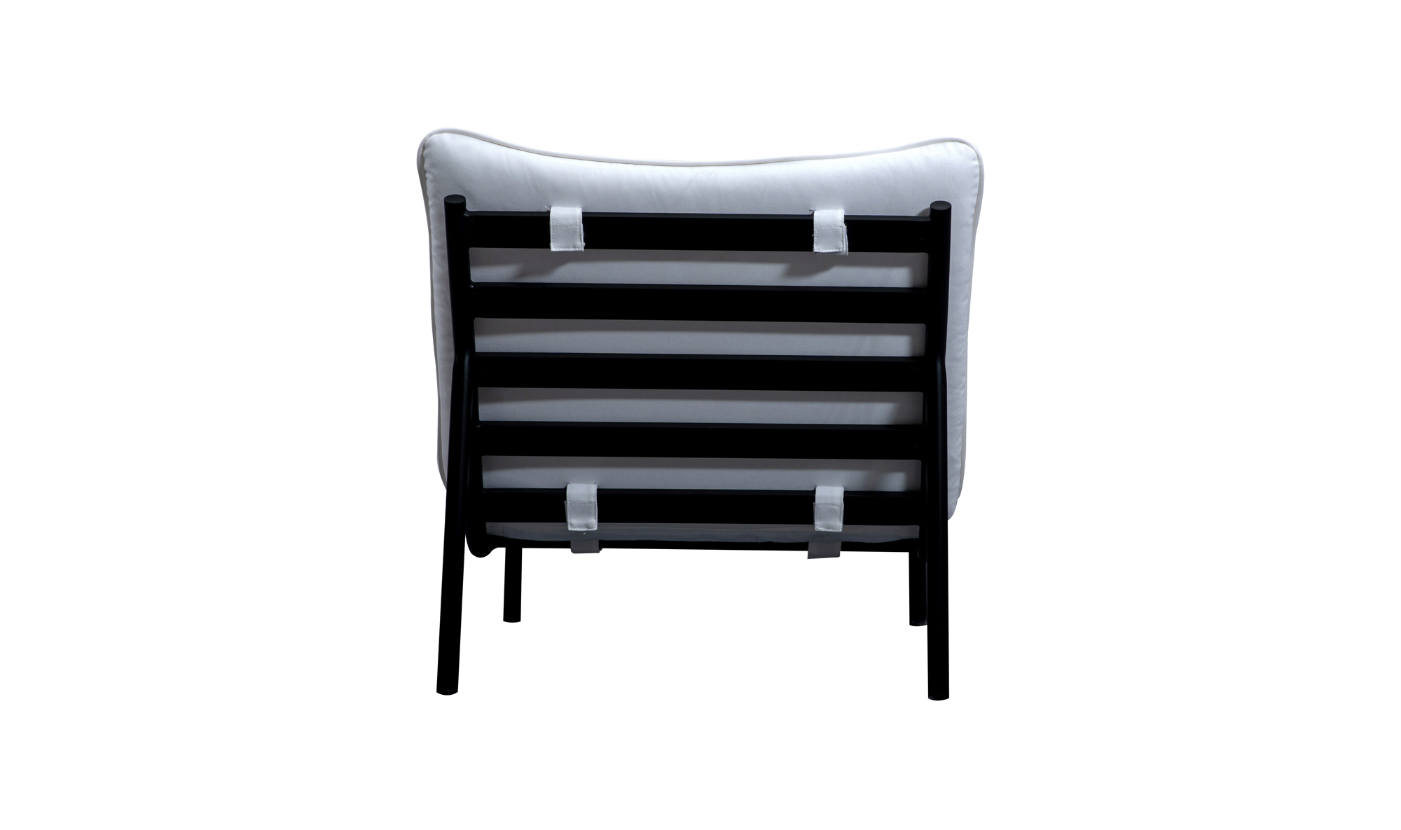 The Morgan Outdoor Chair by Moes is shown from the back, featuring a stainless-steel frame with horizontal slats and a white Olefin fabric cushioned backrest secured by white straps.