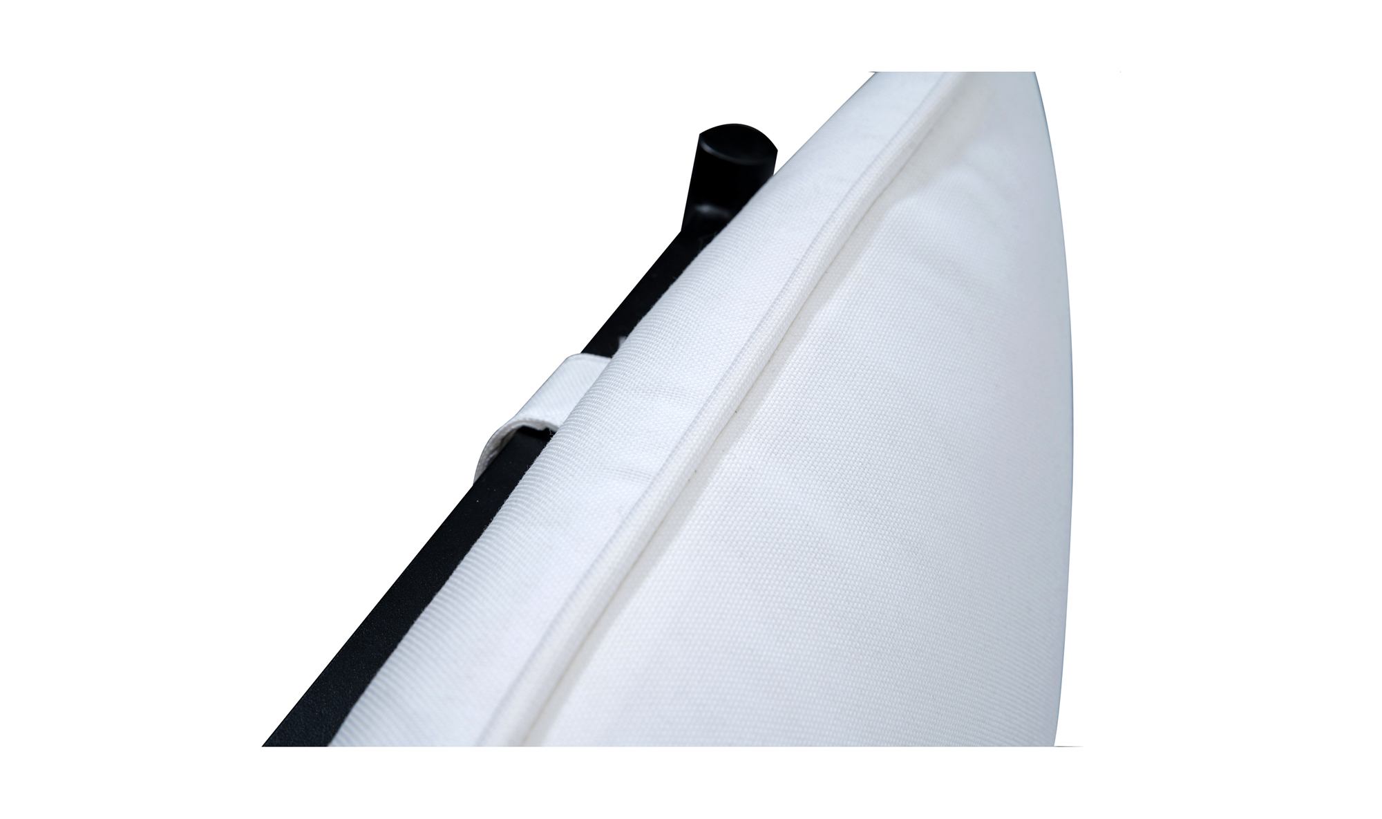 Close-up of the Moes Morgan Outdoor Chair, featuring a white cushioned seat with visible stitching on a stainless-steel frame, displayed at an angle against a white background.