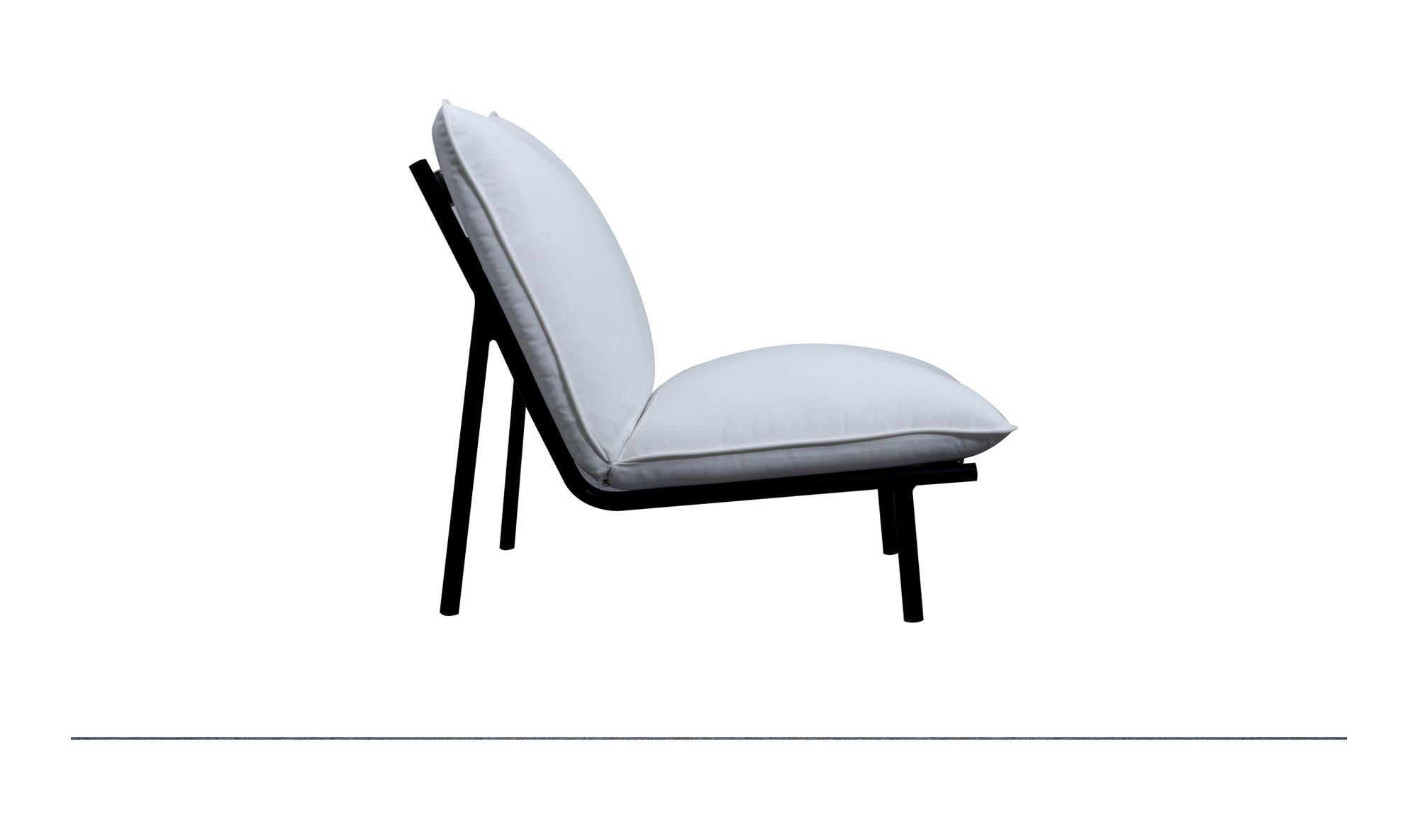 The Moes Morgan Outdoor Chair features white Olefin fabric cushions and a sleek black wooden frame, shown in a side view against a plain white background.