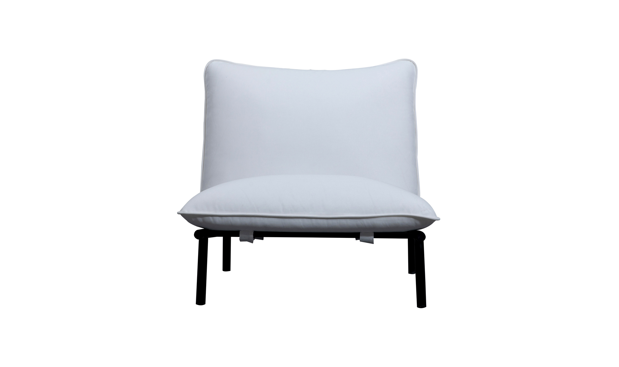The Morgan Outdoor Chair by Moes features a thick white Olefin cushion and pillow on a minimalist black stainless-steel frame, shown front-facing against a plain white background.