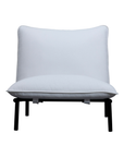 The Morgan Outdoor Chair by Moes features a thick white Olefin cushion and pillow on a minimalist black stainless-steel frame, shown front-facing against a plain white background.
