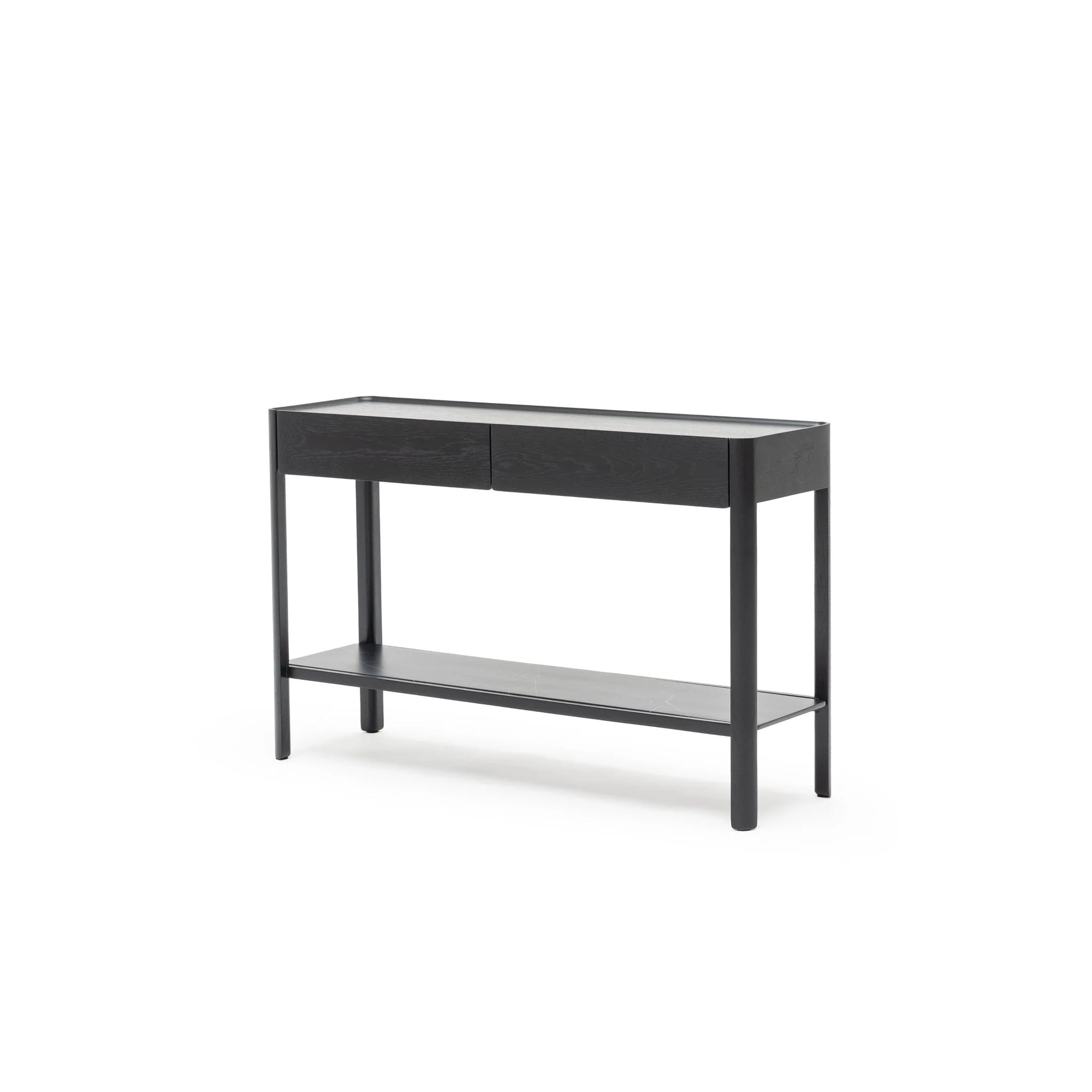 The Wooden Stories Nell Console in Black Oak features two drawers, an open lower shelf, and clean Danish lines in a minimalist design, shown against a plain white background.