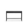 The Wooden Stories Nell Console in Black Oak features Danish-inspired lines, two drawers, and an open marble shelf, shown here against a plain white background.