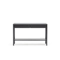 The Wooden Stories Nell Console in Black Oak features Danish-inspired lines, two drawers, and an open marble shelf, shown here against a plain white background.