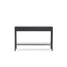 The Wooden Stories Nell Console in Black Oak features Danish-inspired lines, two drawers, and an open marble shelf, shown here against a plain white background.