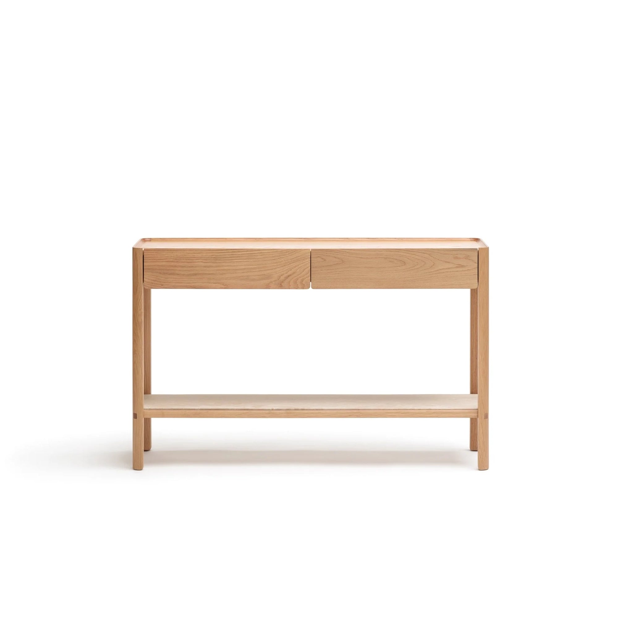 The Nell Console by Wooden Stories showcases minimalist Danish design in light oak, with two drawers and a lower shelf. Its simple, modern look stands out against a plain white background.