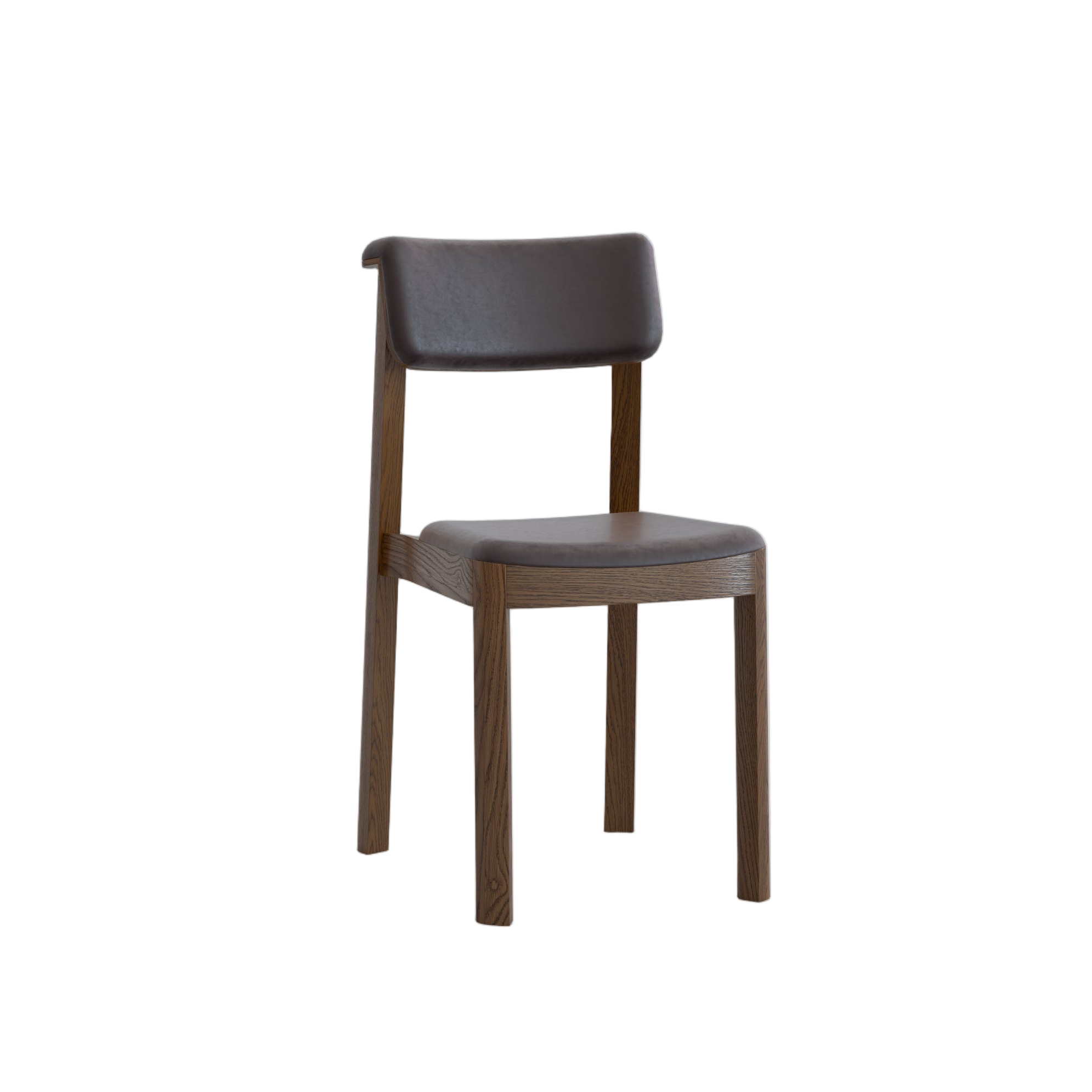 The Wooden Stories Noki Dining Chair features an espresso oak frame with four straight legs, a brown leather cushioned seat and backrest—all presented against a plain white background.