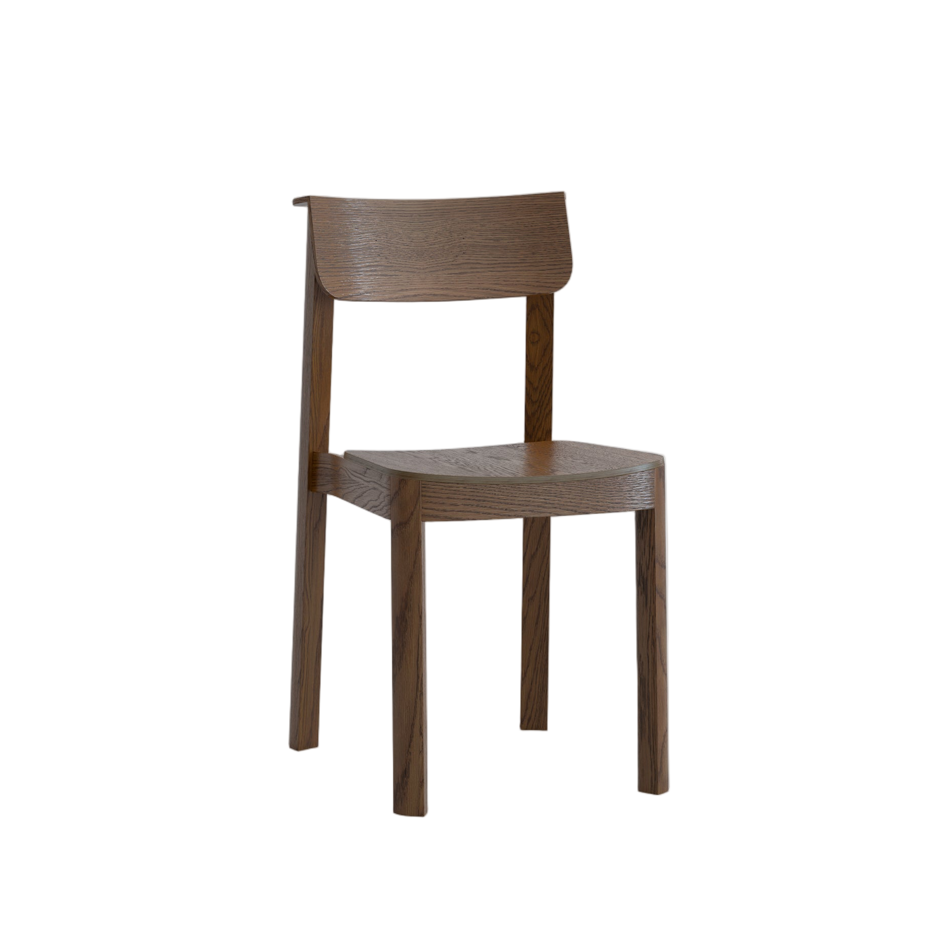 The Noki Dining Chair by Wooden Stories features a contract-grade design with a curved backrest, flat seat, espresso oak finish, and four straight legs, shown against a plain white background.