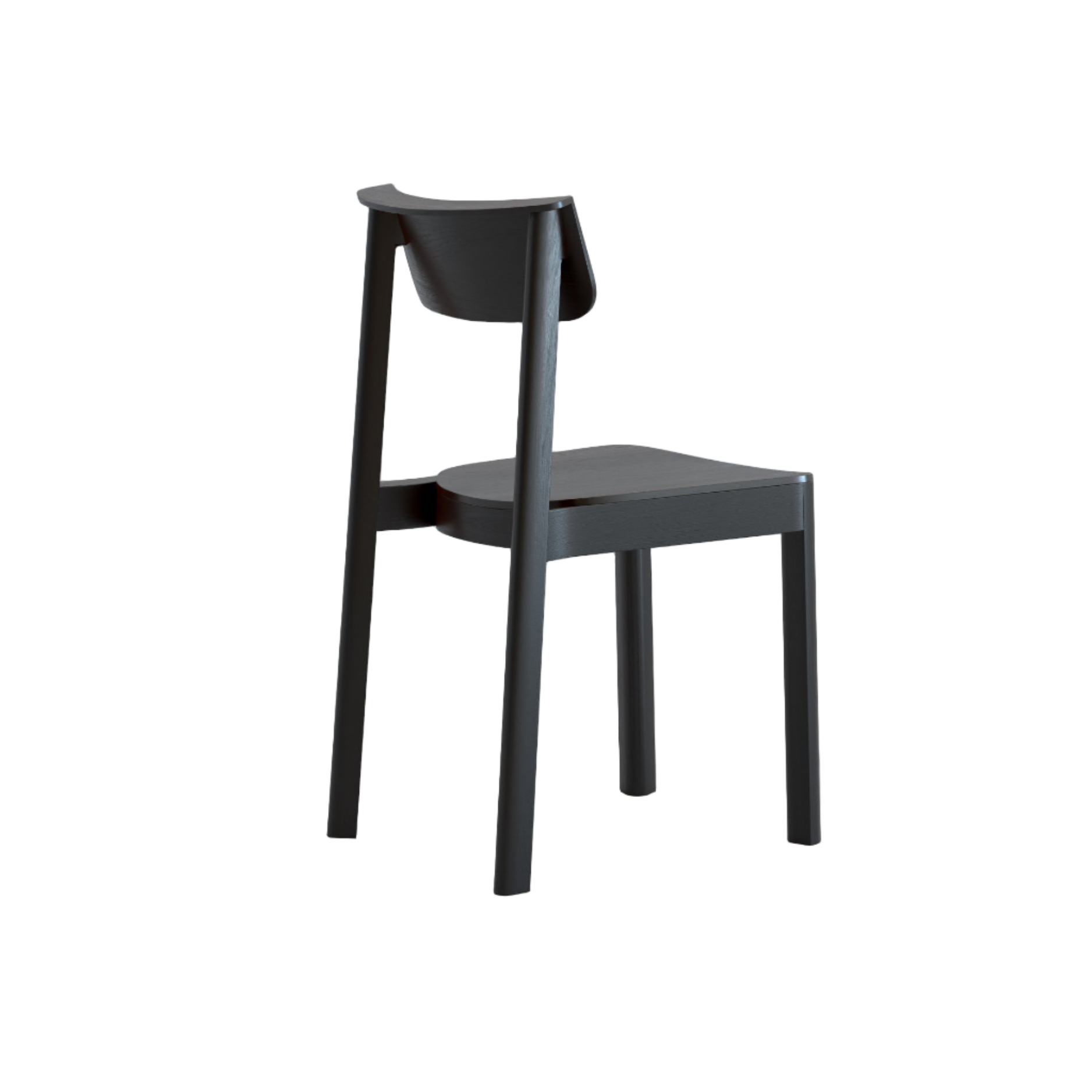 The Wooden Stories Noki Dining Chair in Black Oak features a minimalist solid wood design with a curved backrest and four straight legs, shown from the rear side on a white background—ideal contract grade seating for modern spaces.
