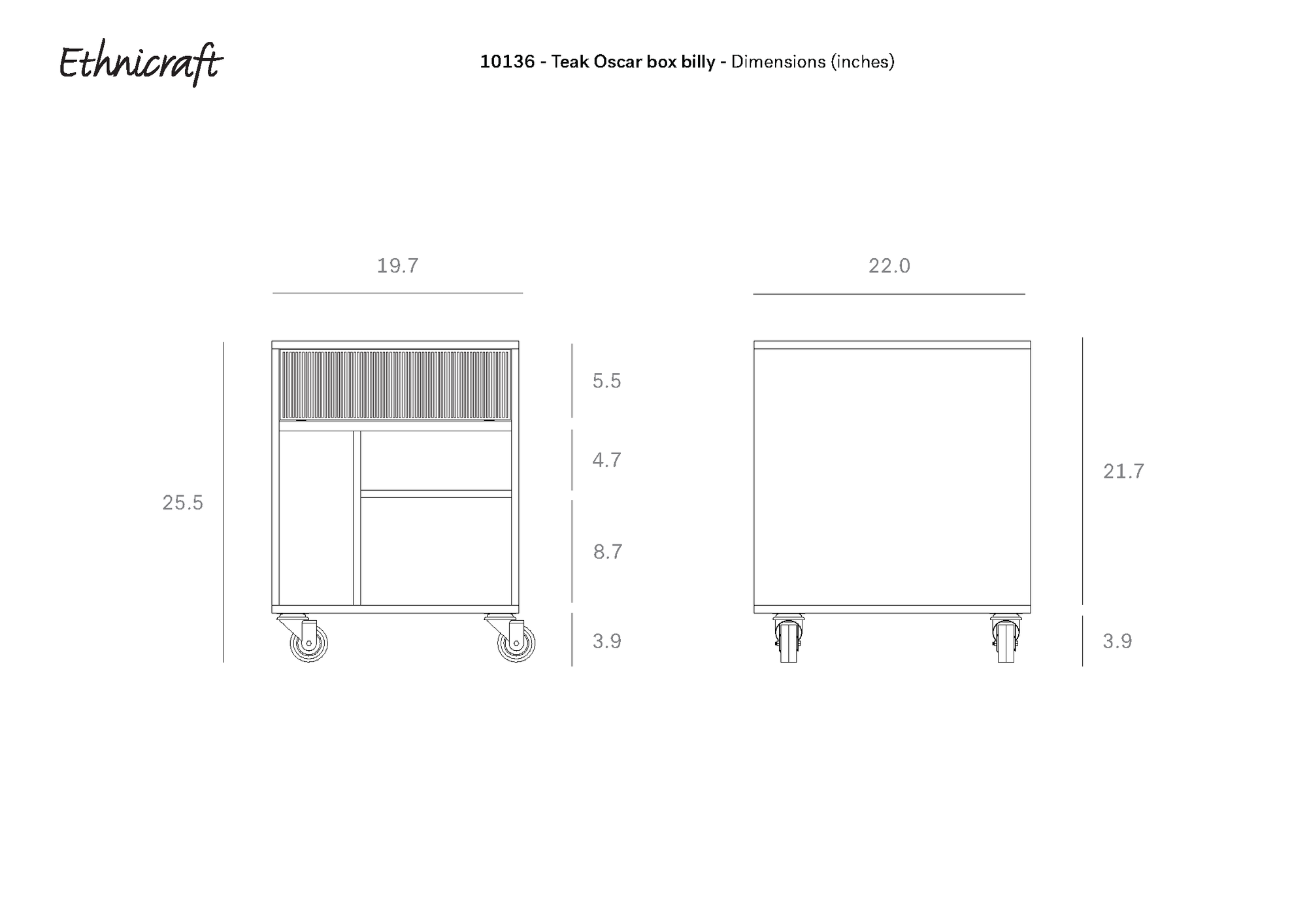 Line drawings of the Ethnicraft Oscar Drawer Unit, showing front and side views. Dimensions are marked: 25.5″ tall, 19.7″ wide (front), and 22″ deep (side), with detailed compartment and wheel heights—perfect for stylish office storage solutions.