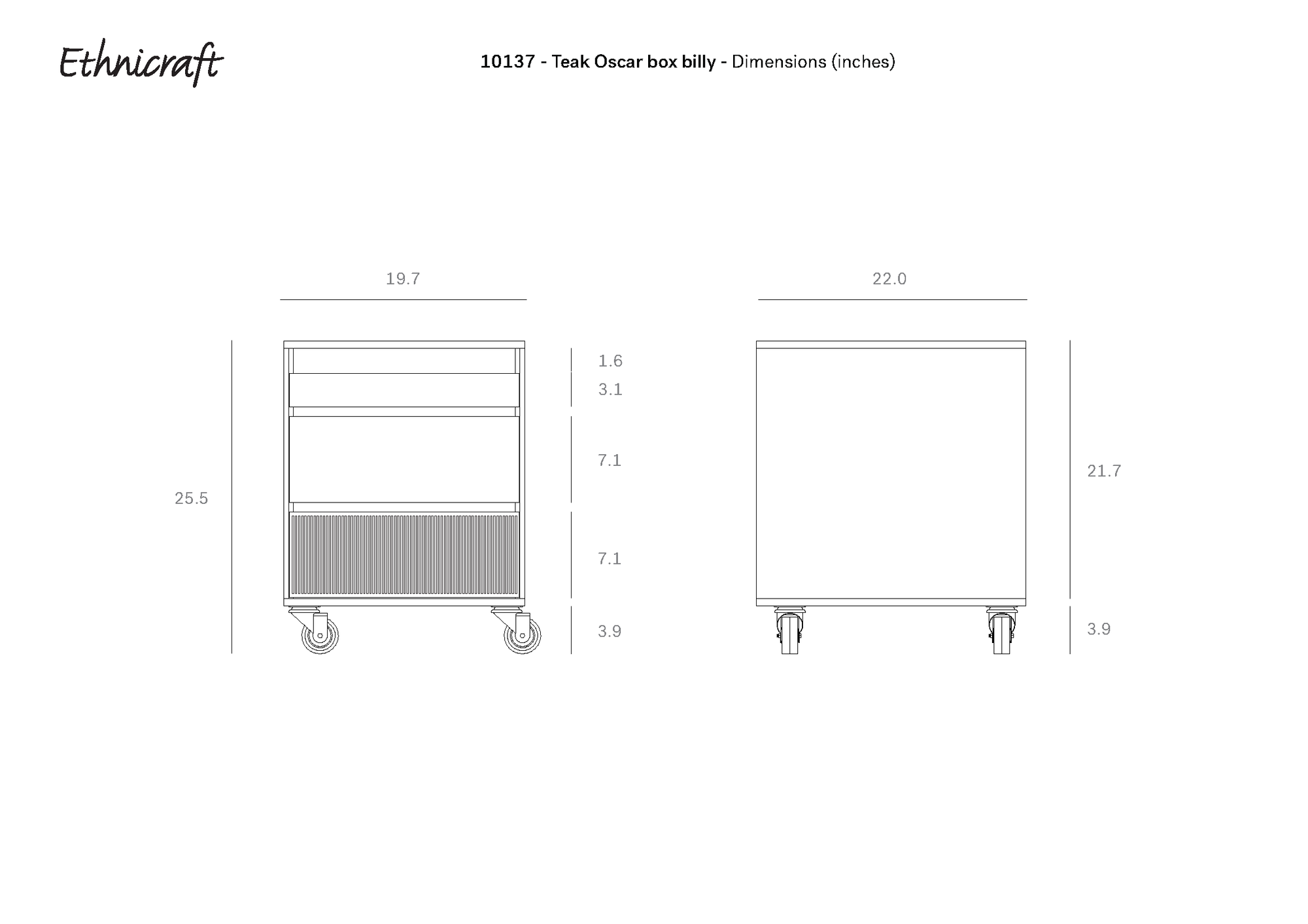 Line drawing of the Ethnicraft Oscar Drawer Unit on wheels, showing front and side views—ideal for office storage. Dimensions in inches: 25.5 tall, 19.7 wide (front view), 22 wide (side view), with shelf heights and caster height illustrated.