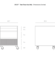 Line drawing of the Ethnicraft Oscar Drawer Unit on wheels, showing front and side views—ideal for office storage. Dimensions in inches: 25.5 tall, 19.7 wide (front view), 22 wide (side view), with shelf heights and caster height illustrated.