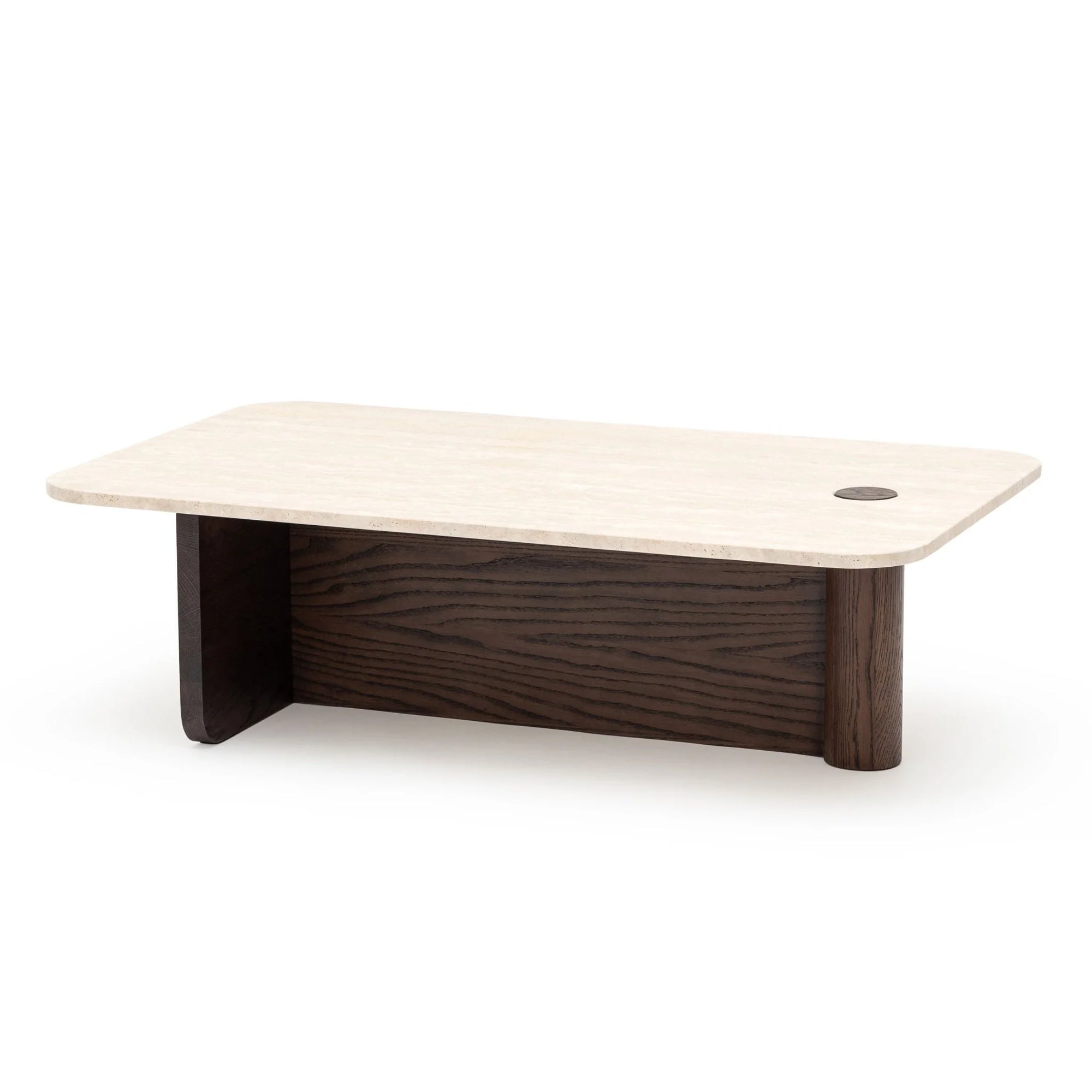 The Wooden Stories Pivot Coffee Table | Rectangular features a modern design with a light smooth top, dark solid wood base, rounded edges, thick side support panel, and a small circular accent on the tabletop.