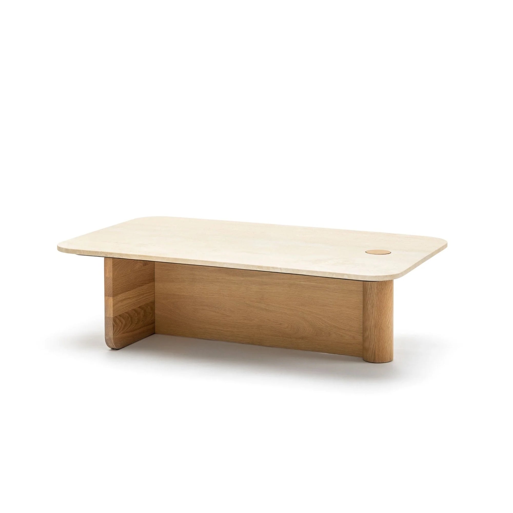The Wooden Stories Pivot Coffee Table | Rectangular features a light wood top with rounded corners, two thick legs (one straight, one cylindrical), and a small circular hole near a corner for a unique, modern design.
