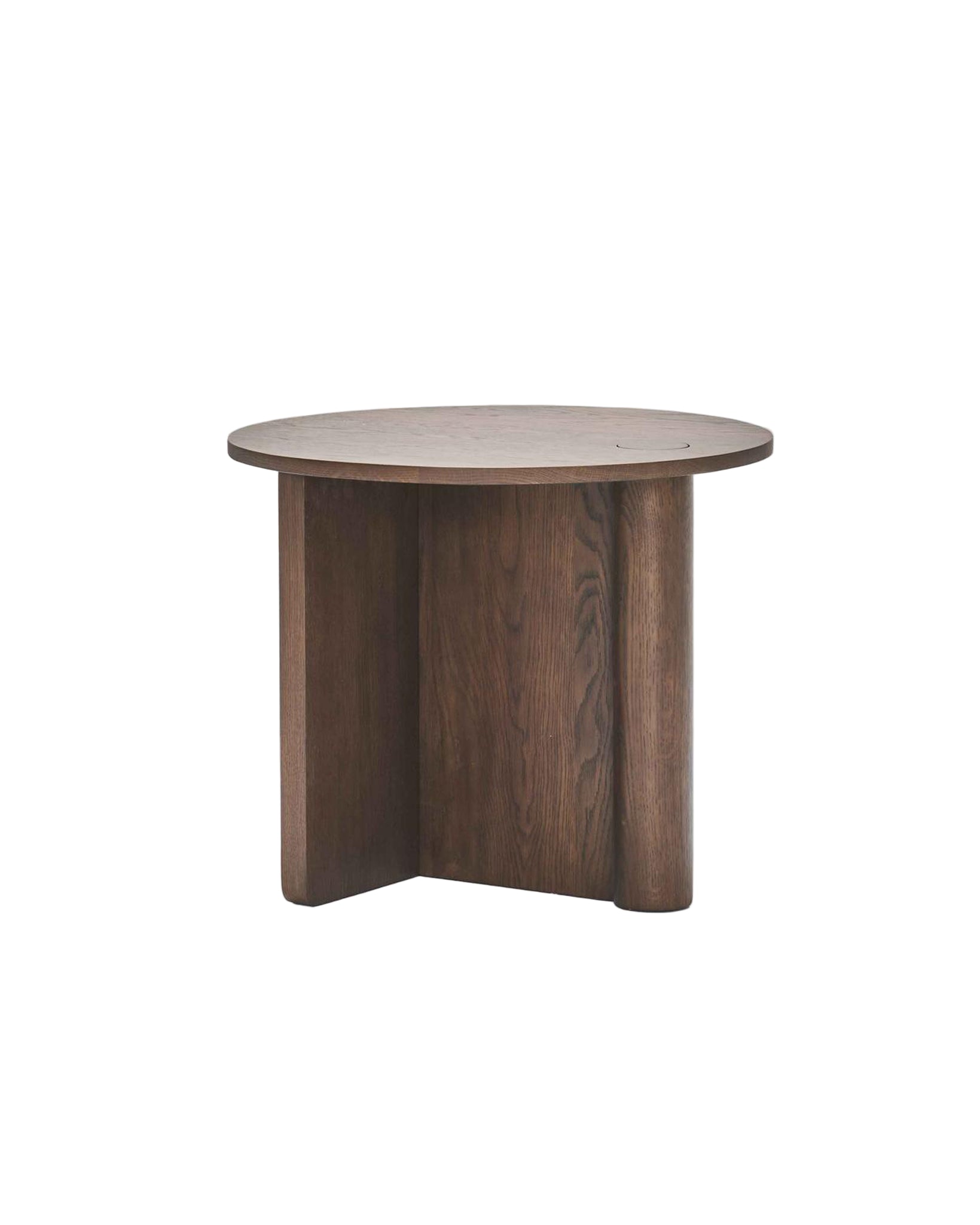 The Pivot Side Table | Espresso Oak by Wooden Stories features a smooth round wooden top and a distinctive base with flat and cylindrical panels, shown against a plain light background.