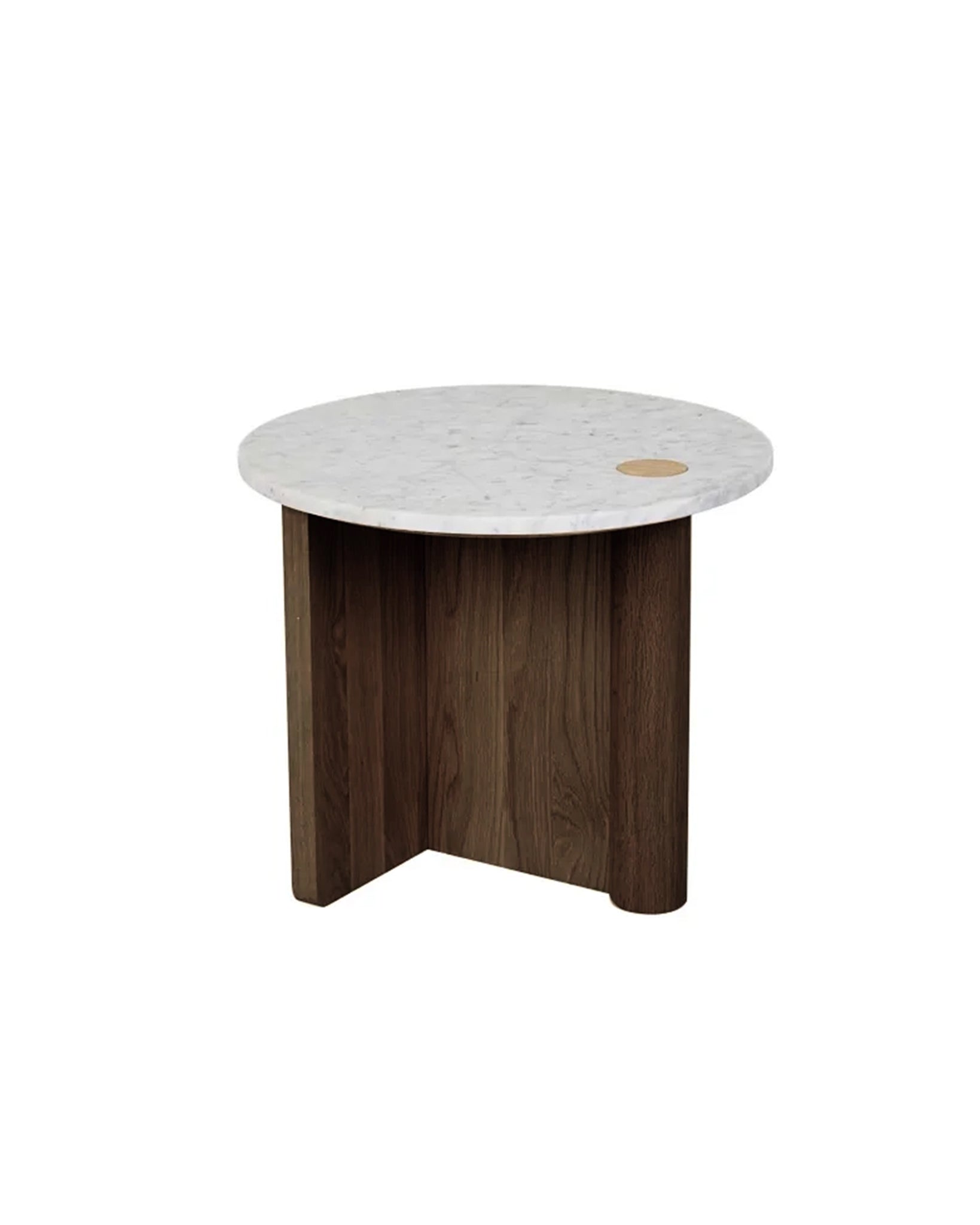 The Pivot Side Table | Espresso Oak - Stone Top by Wooden Stories features a honed marble top and intersecting espresso oak base. This contract-grade table seamlessly blends style and durability.
