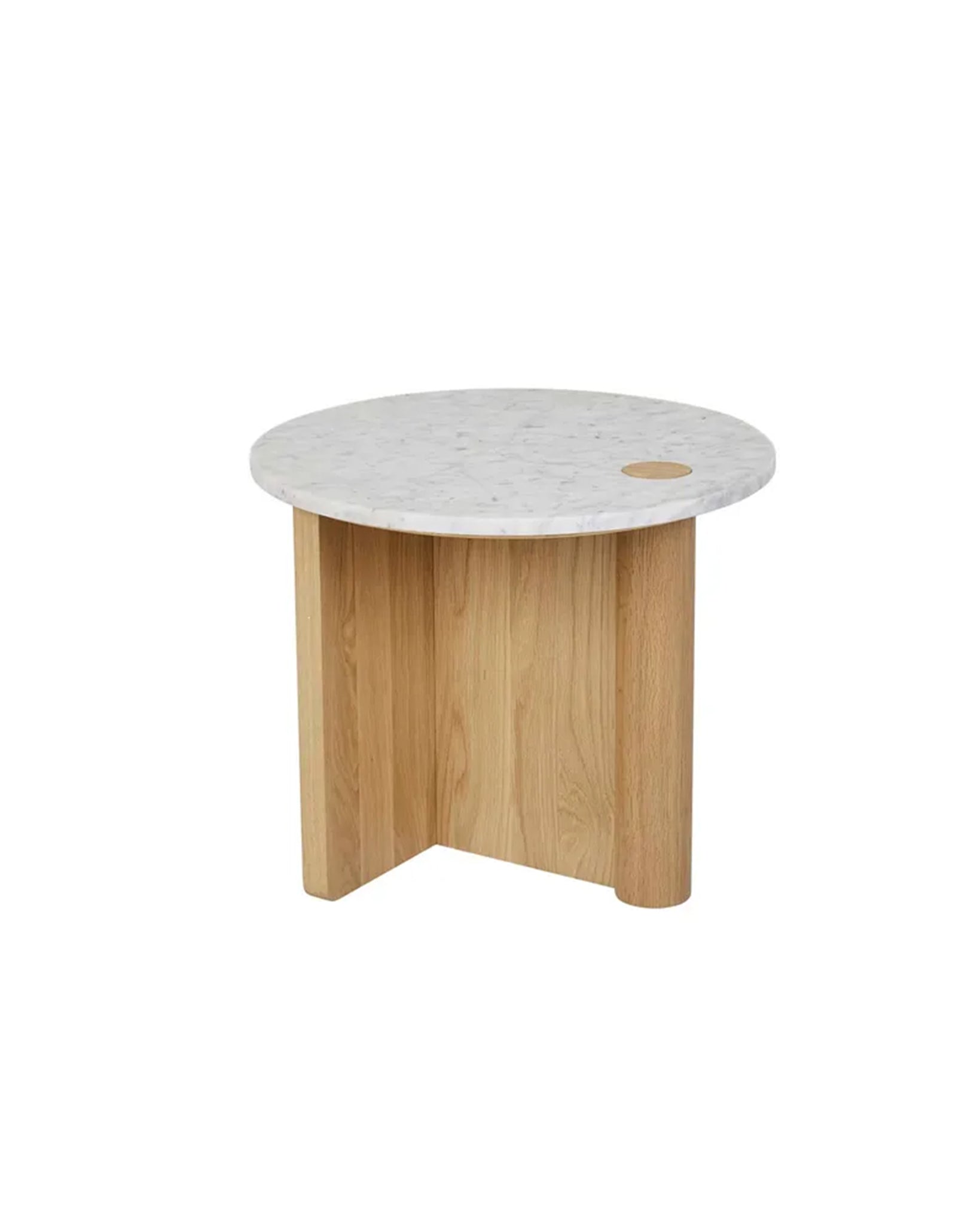 The Pivot Side Table | Light Oak - Stone Top by Wooden Stories features a white stone top, light oak base, and a small wooden inlay. CONTRACT GRADE durability ensures lasting style for any space.