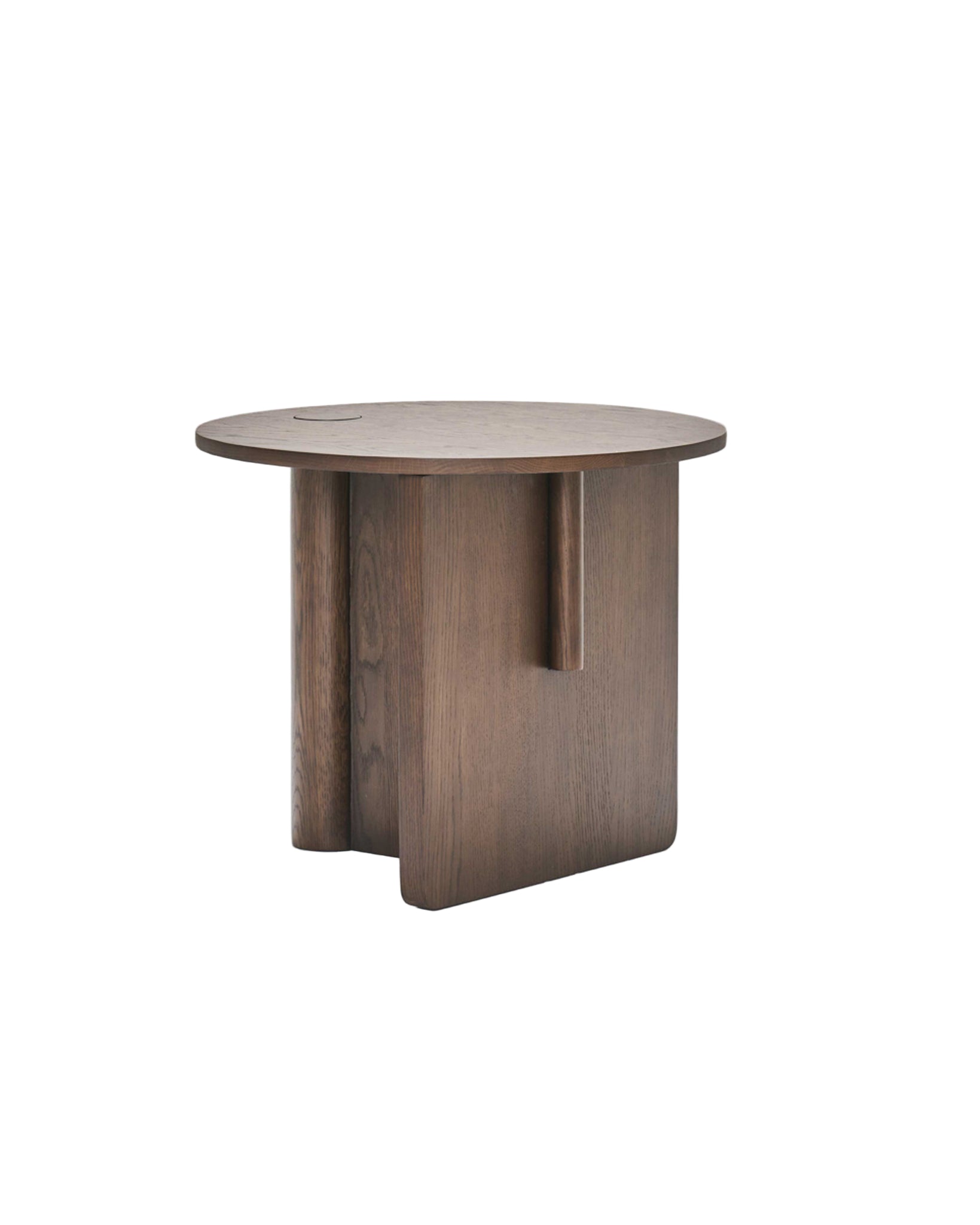 The Pivot Side Table | Espresso Oak by Wooden Stories features a modern round top and intersecting flat panel legs in dark brown wood, crafted to contract grade standards, shown against a plain light gray background.