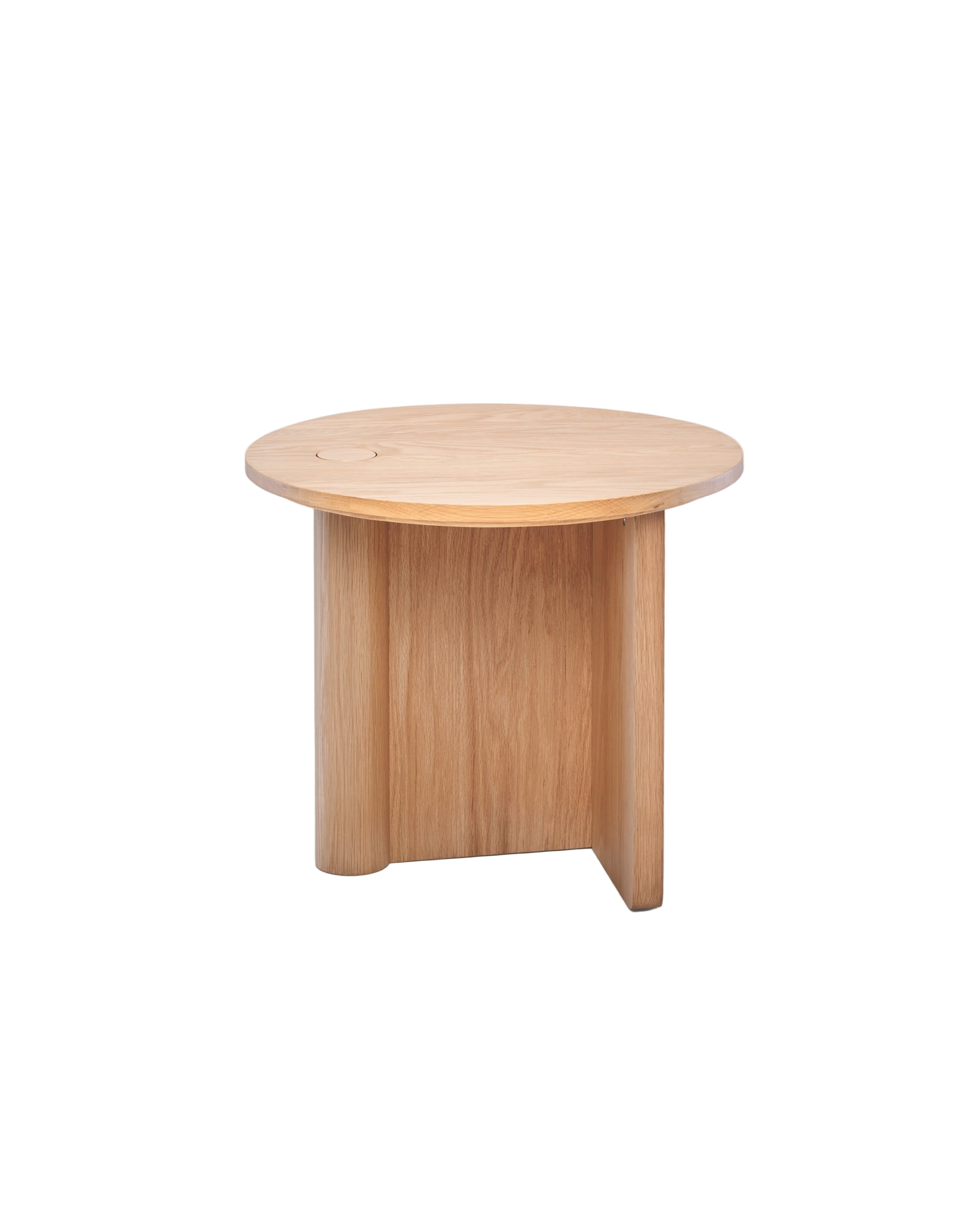 The Pivot Side Table | Light Oak by Wooden Stories features a round solid wood top and three intersecting legs, offering contract-grade durability and a sleek design against a crisp white background.