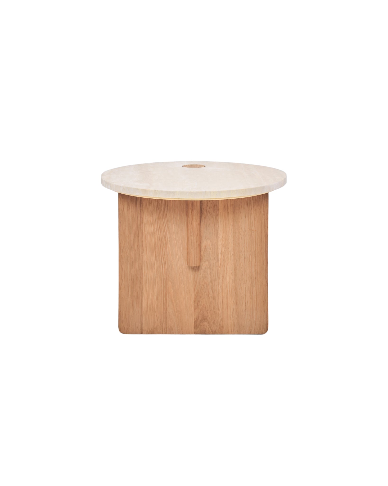 The Pivot Side Table | Light Oak by Wooden Stories is a minimalist piece inspired by Danish design, featuring a round solid wood top with a circular cutout, square base, and clean lines in a light finish.
