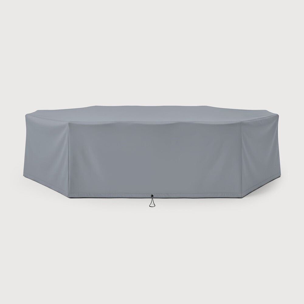 An Ethnicraft Rain Cover - Round Dining Set in gray is displayed against a white background, completely covering a table and chairs. A small drawstring is visible at the bottom center of the waterproof, breathable cover.