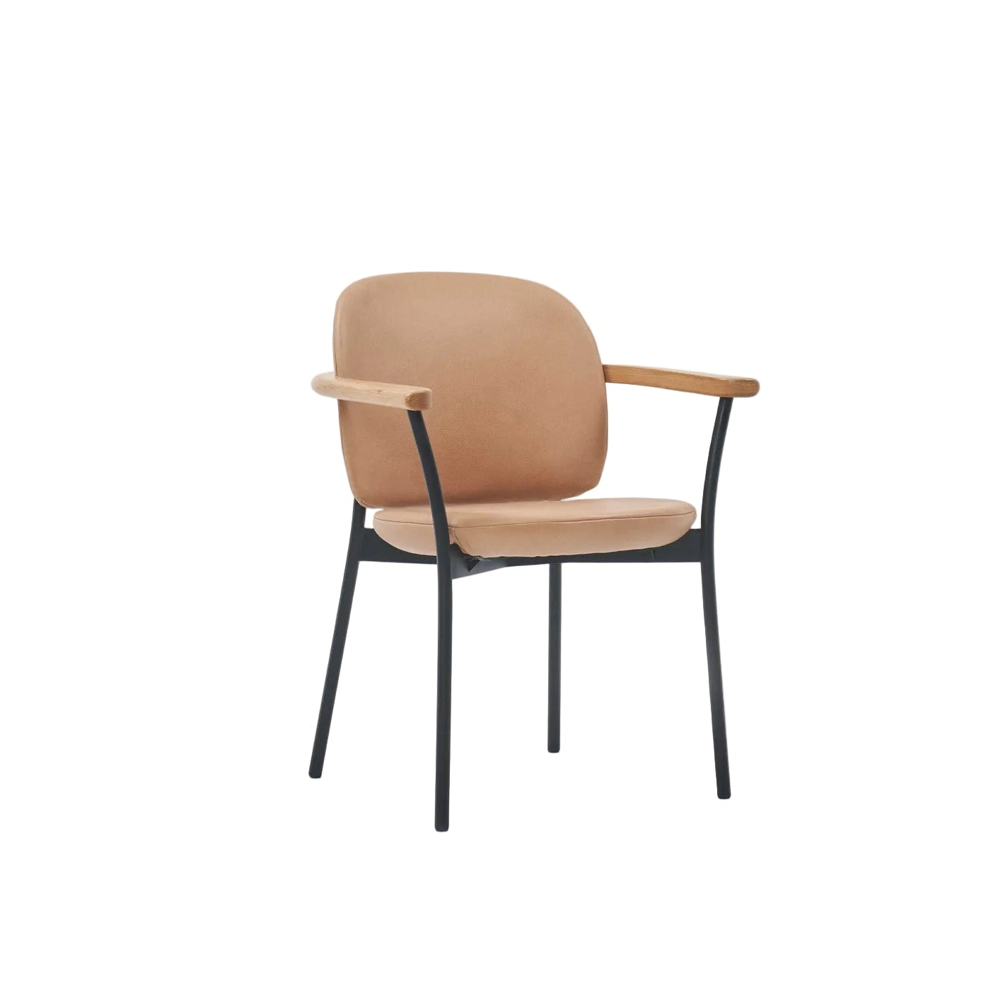 The Solace Dining Armchair by Wooden Stories features a modern design with beige leather cushioned seat and backrest, black metal legs, and light wooden armrests, displayed against a plain white background.