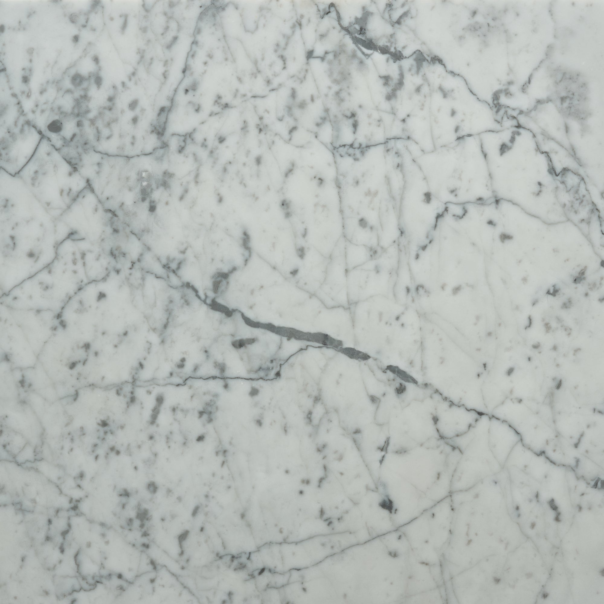 Material Swatches by Natadora + Tolv feature a white marble surface with gray and black veining, natural speckles, and a smooth finish—highlighting elegant organic shapes and intersecting lines in their collection.