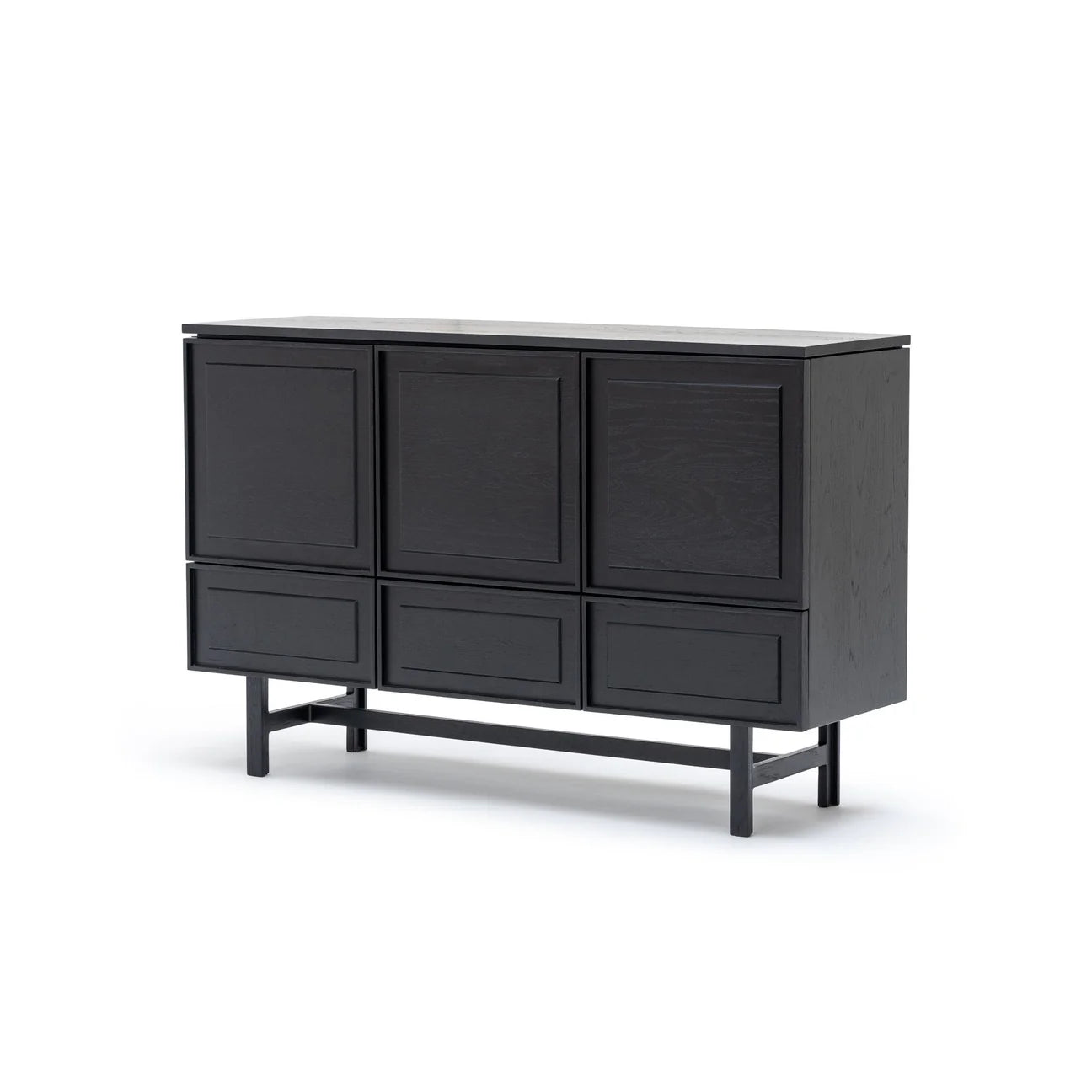 The Yorke Highboard by Wooden Stories features a modern Scandinavian design in black wood with six square panels, four legs, and a lower connecting bar, shown against a plain white background.