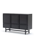 The Yorke Highboard by Wooden Stories features a modern Scandinavian design in black wood with six square panels, four legs, and a lower connecting bar, shown against a plain white background.
