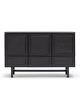 The Yorke Highboard by Wooden Stories is a black wooden sideboard with three doors and three drawers, showcasing minimalist Danish-inspired design and elevated on slim legs against a white background.